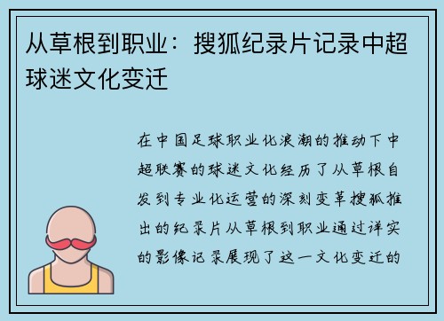 从草根到职业：搜狐纪录片记录中超球迷文化变迁